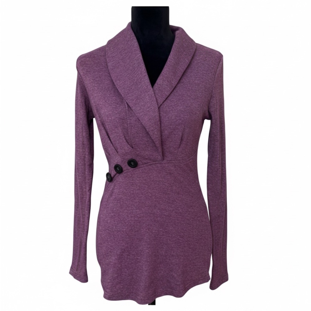 PattyBoutik Elegant Purple Faux Wrap Long Sleeve Top with Button Detail M